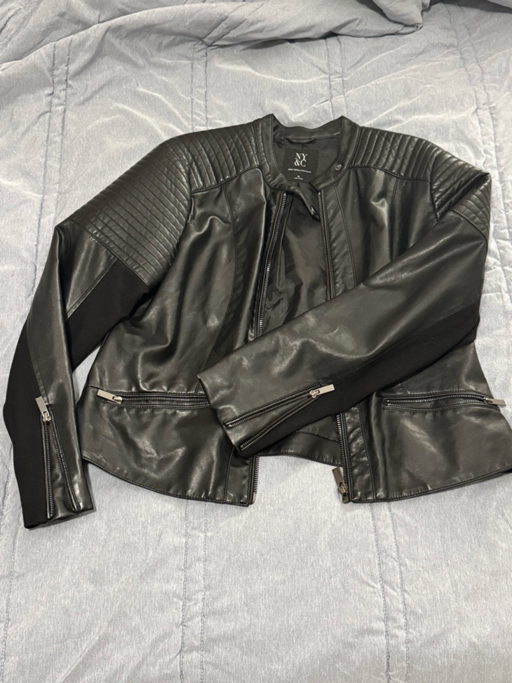 New York & Company Black Quilted Faux Leather Moto Jacket